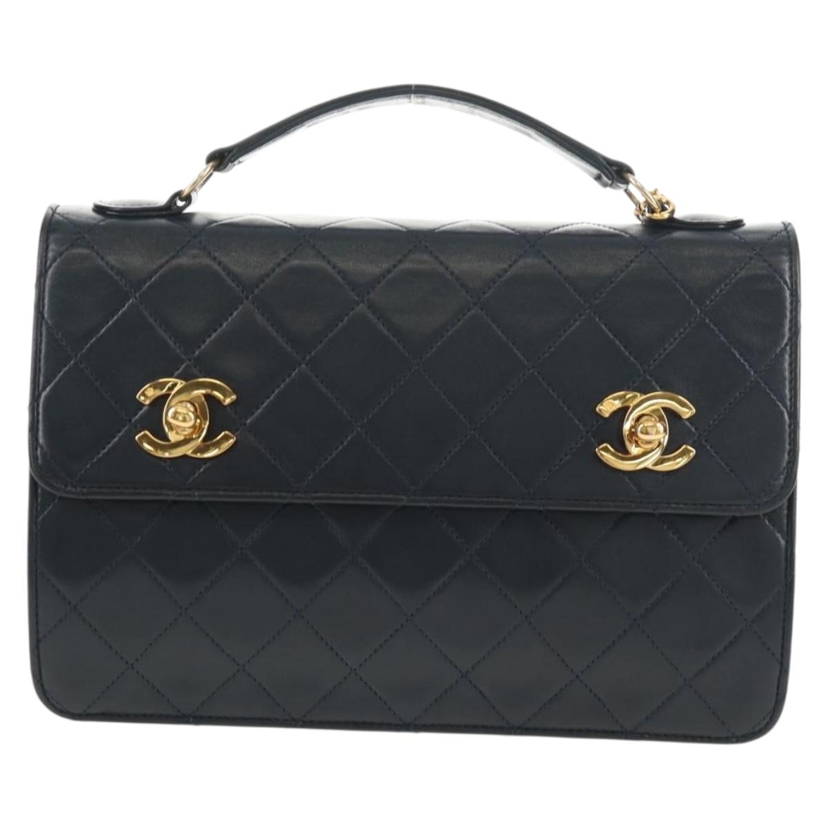 CHANEL Matelasse Double Turn Lock Chain Bag Lamb Skin 2way Navy CC Auth 150317SM