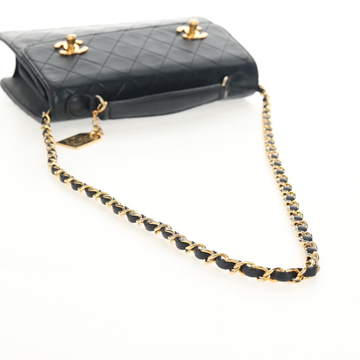 CHANEL Matelasse Double Turn Lock Chain Bag Lamb Skin 2way Navy CC Auth 150317SM