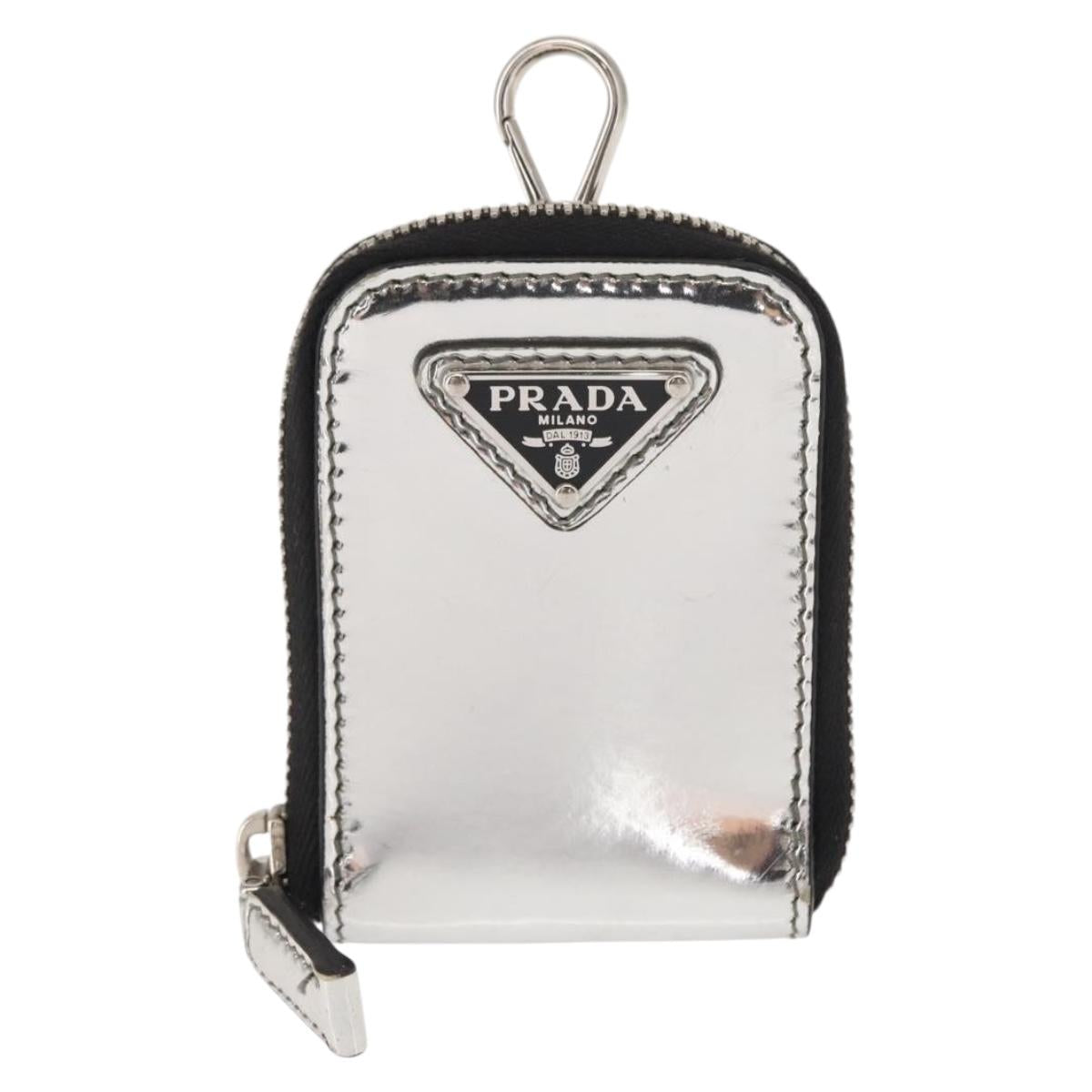 PRADA Pouch Patent leather Silver Auth 150318