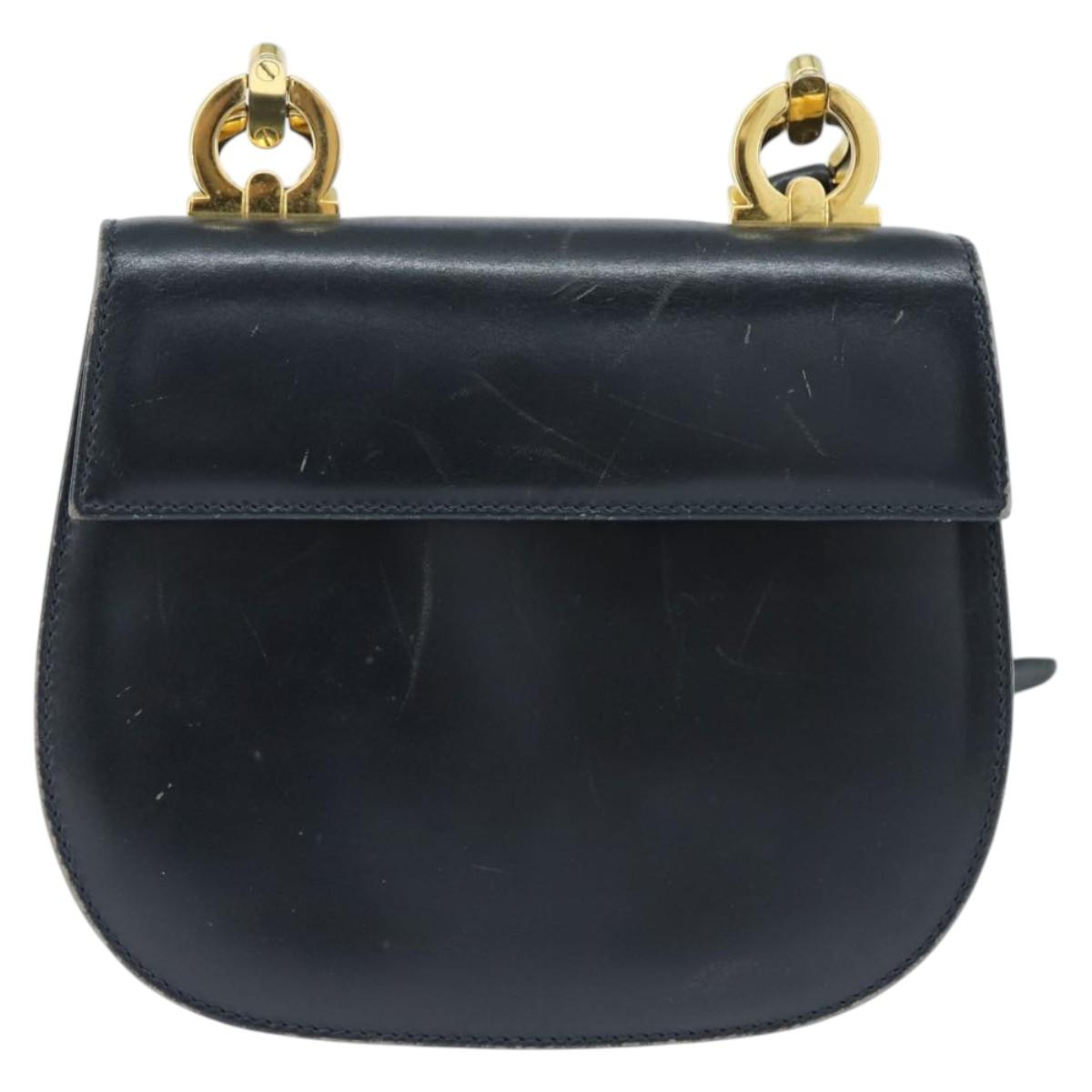 Salvatore Ferragamo Gancini Shoulder Bag Leather Navy Gold Auth 150345