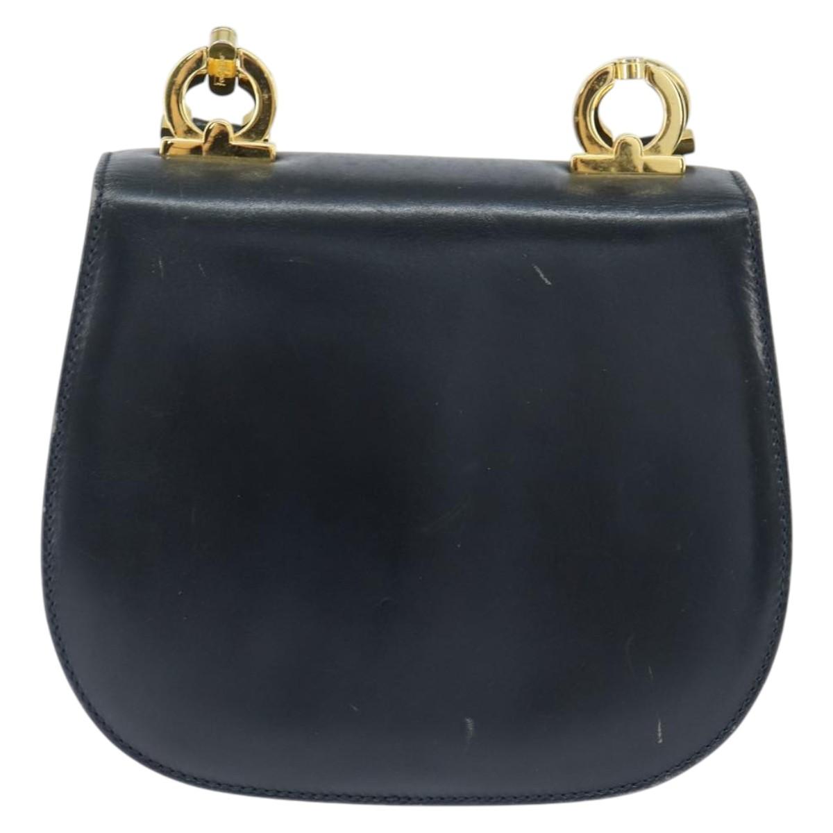 Salvatore Ferragamo Gancini Shoulder Bag Leather Navy Gold Auth 150345