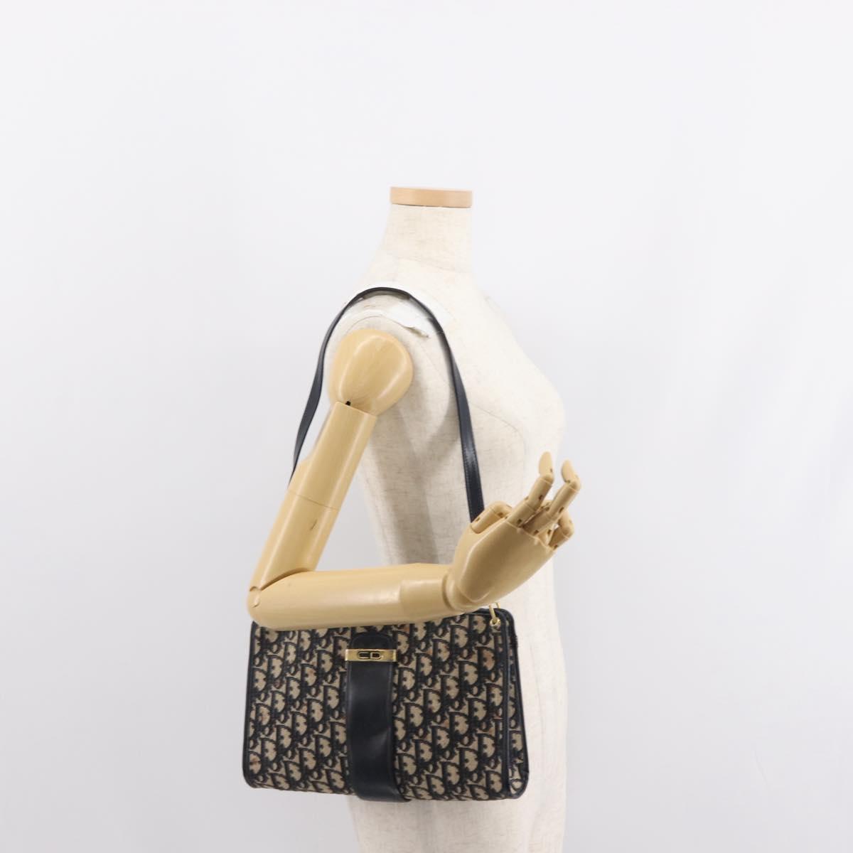 Christian Dior Trotter Canvas Shoulder Bag Navy Gold Auth 150350