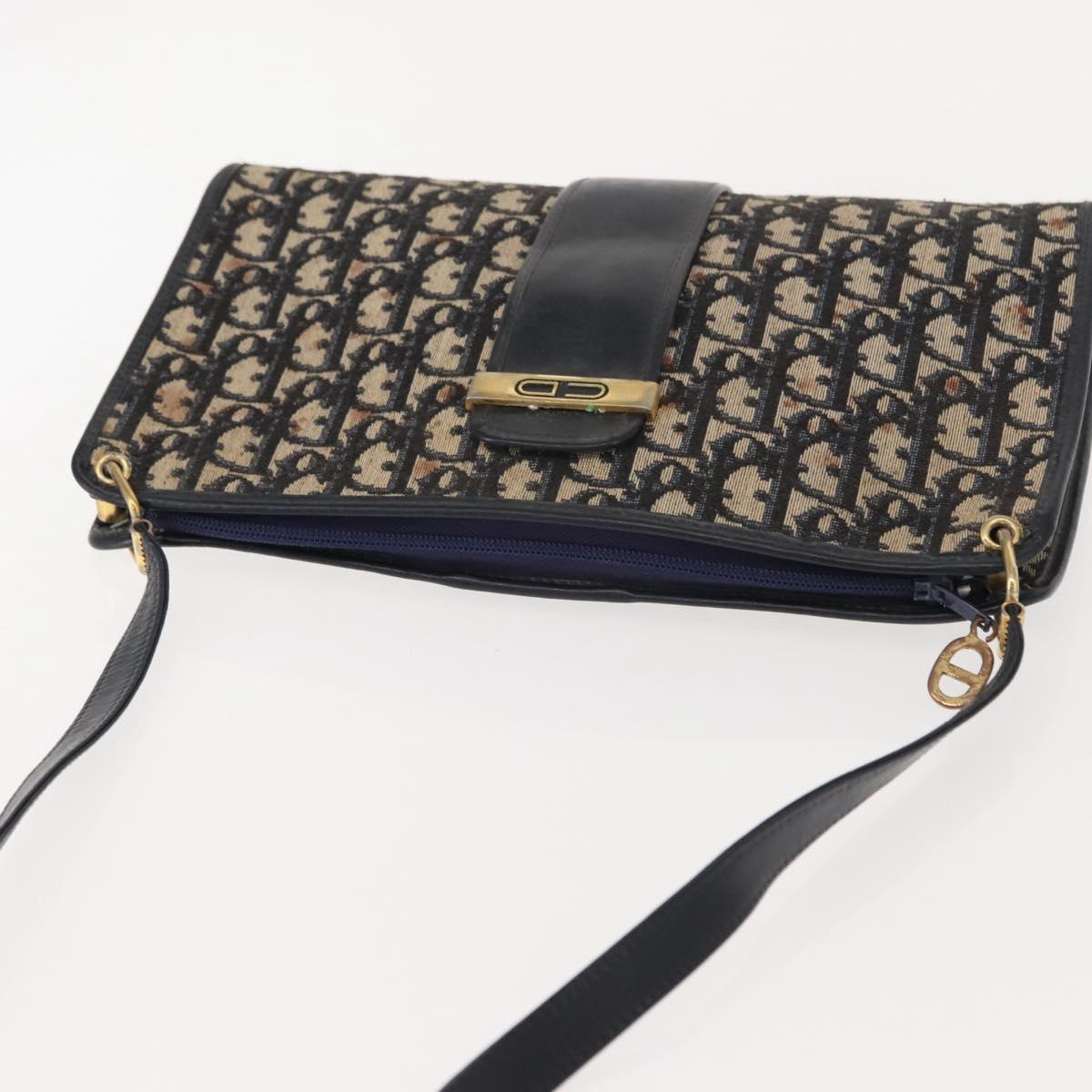 Christian Dior Trotter Canvas Shoulder Bag Navy Gold Auth 150350