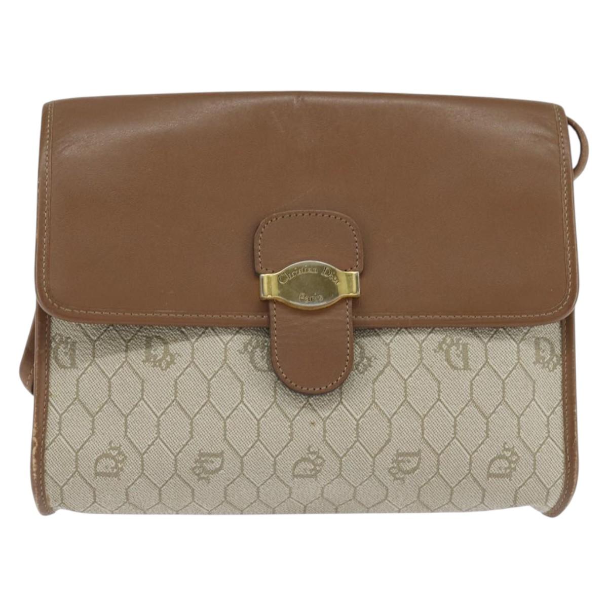 Christian Dior Honeycomb Canvas Shoulder Bag PVC Beige gold Auth 150369