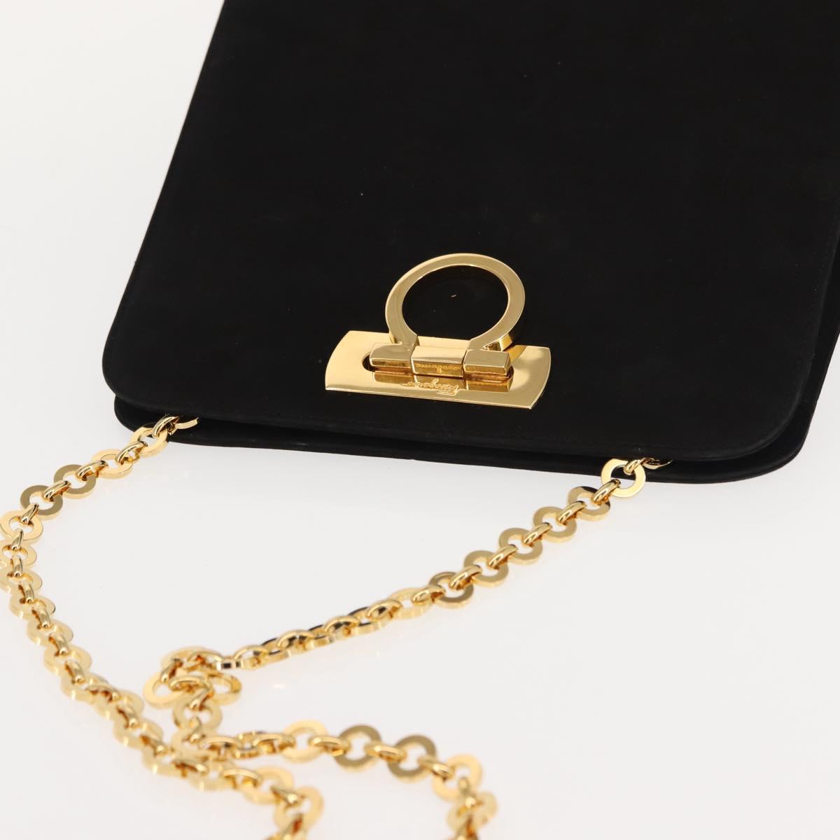 Salvatore Ferragamo Chain Gancini Shoulder Bag Suede Black Gold Auth 150385