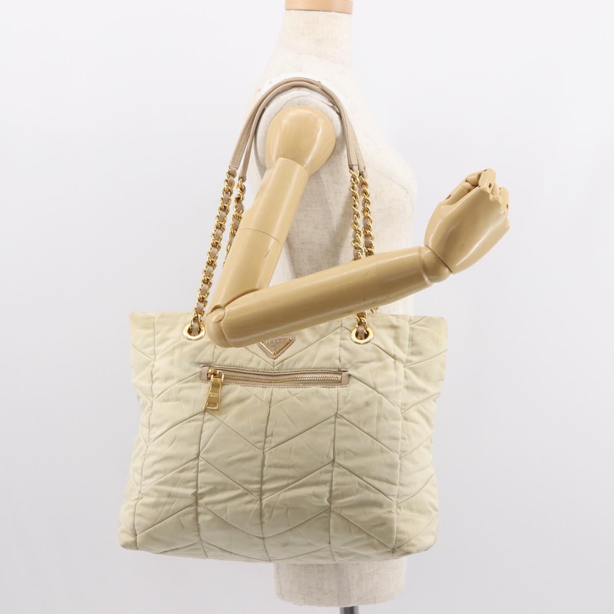PRADA Chain Tote Bag Nylon Ivory Gold Auth 150390