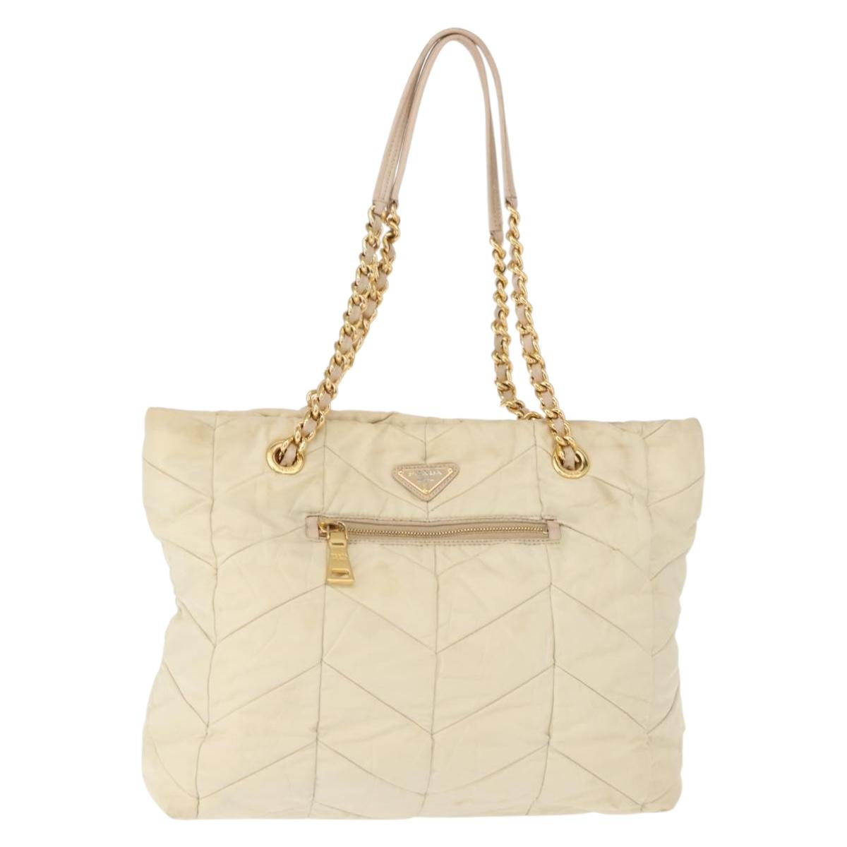 PRADA Chain Tote Bag Nylon Ivory Gold Auth 150390