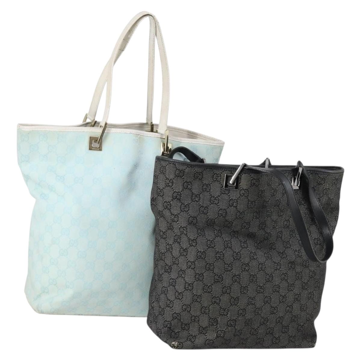GUCCI GG Canvas Tote Bag 2 Set Light Blue Black Auth 150393