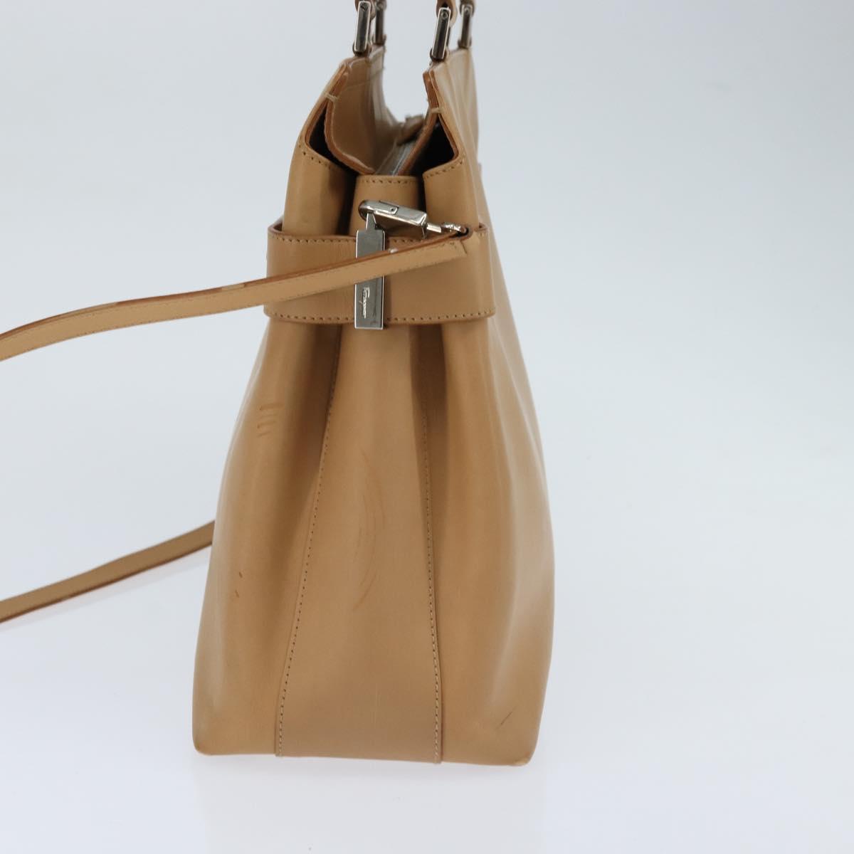 Salvatore Ferragamo Gancini Tote Bag Leather 2way Beige Gold Auth 150401