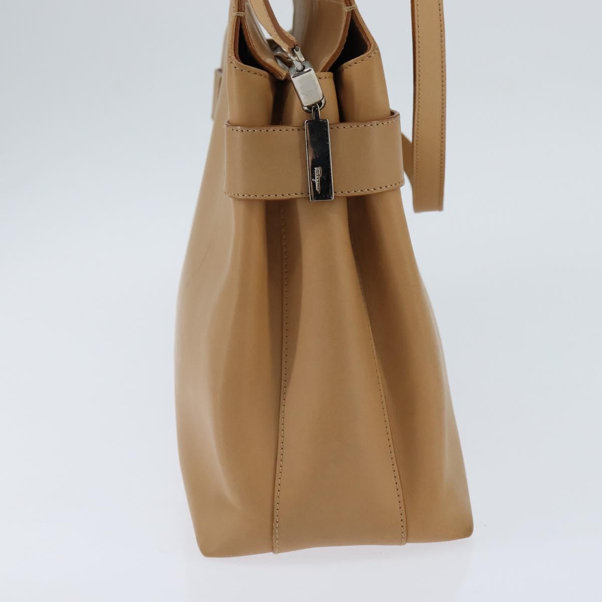 Salvatore Ferragamo Gancini Tote Bag Leather 2way Beige Gold Auth 150401