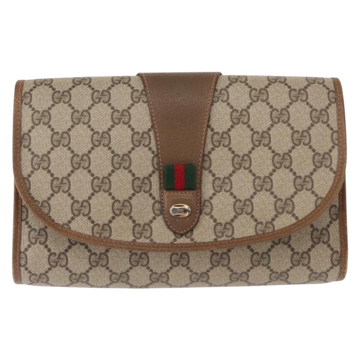 GUCCI GG Supreme Web Sherry Line Clutch Bag PVC Beige Gold 89 01 030 Auth 150407