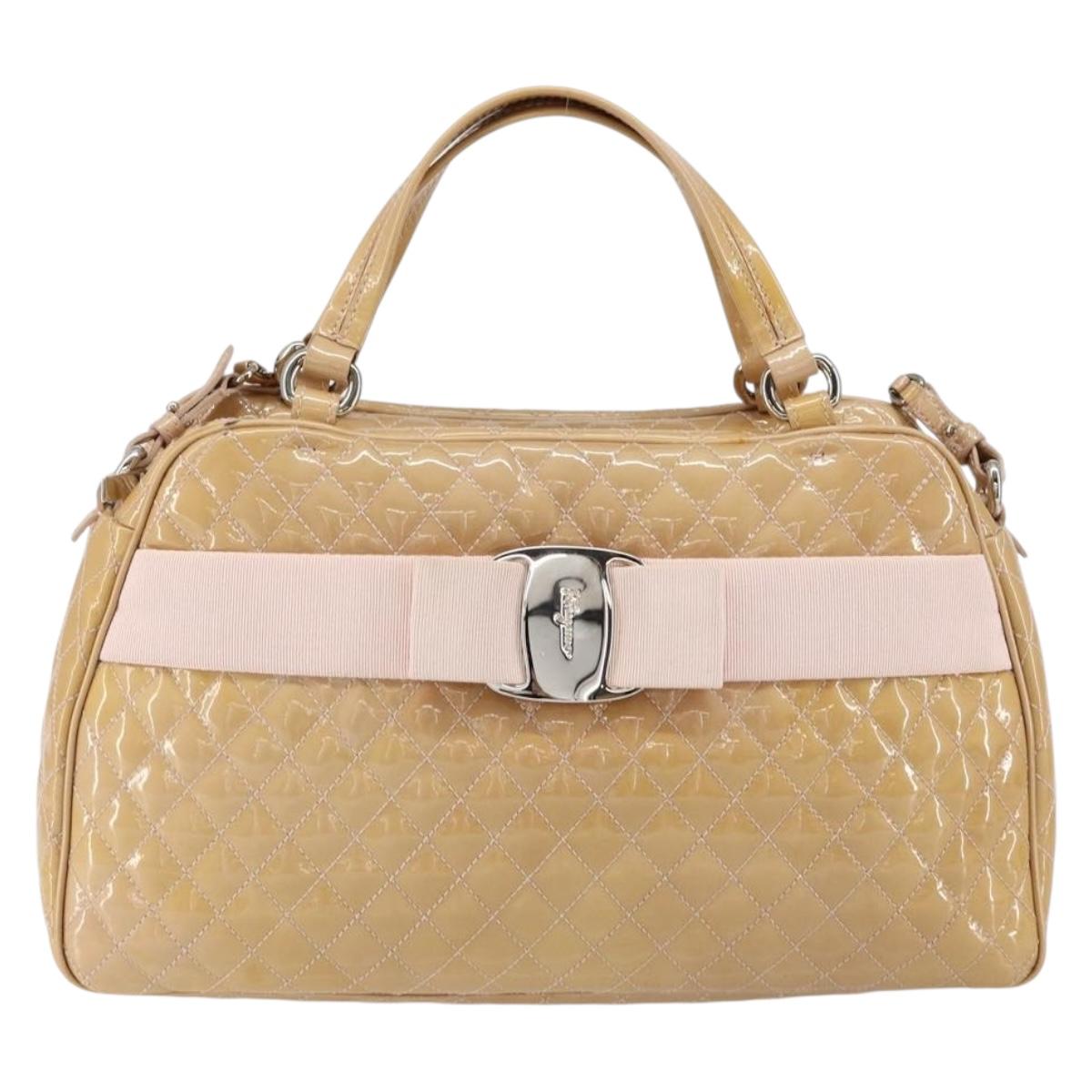 Salvatore Ferragamo Vala Hand Bag Enamel 2way Beige Silver Auth 150429