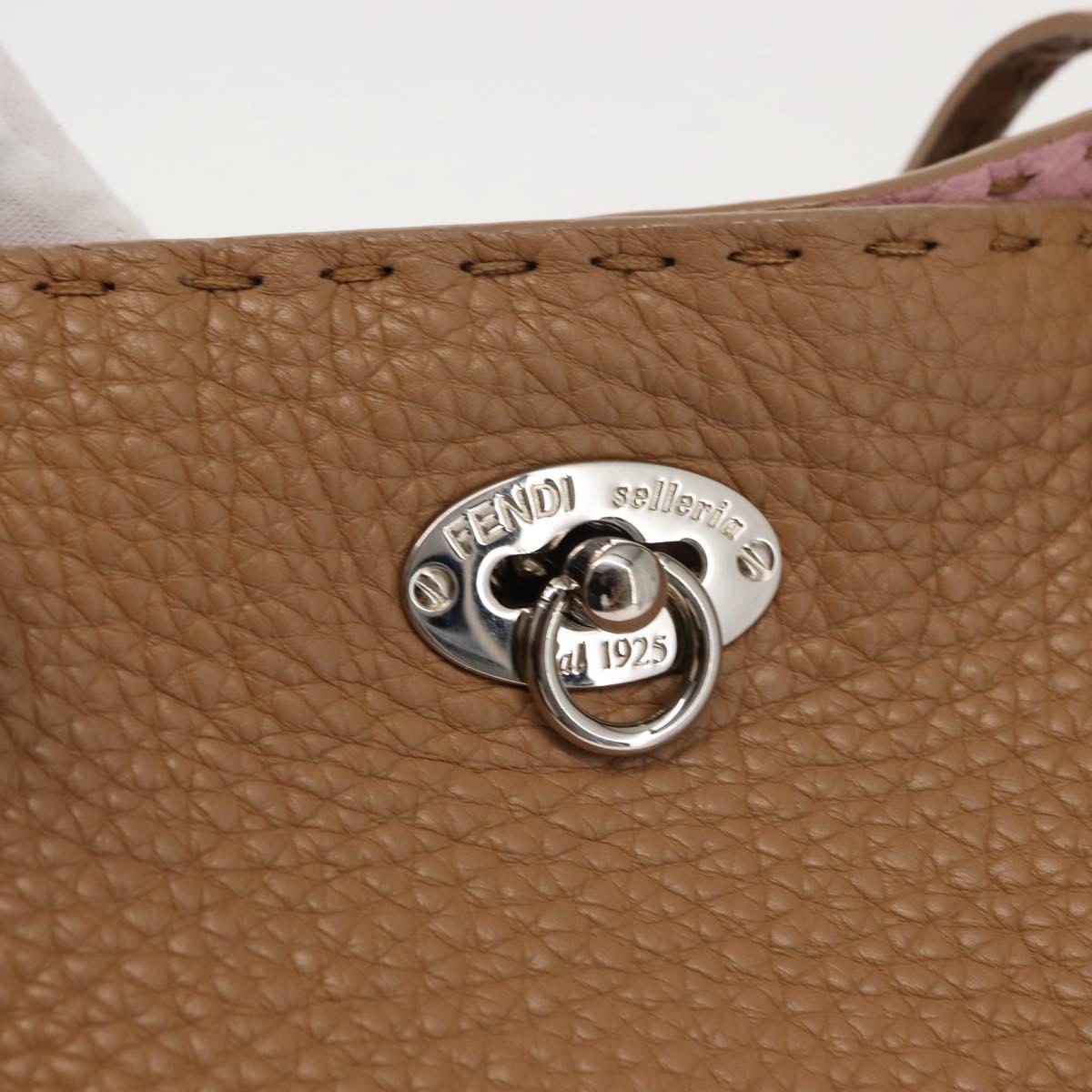 FENDI Celeria Tote Bag Leather Beige Silver Auth 150443