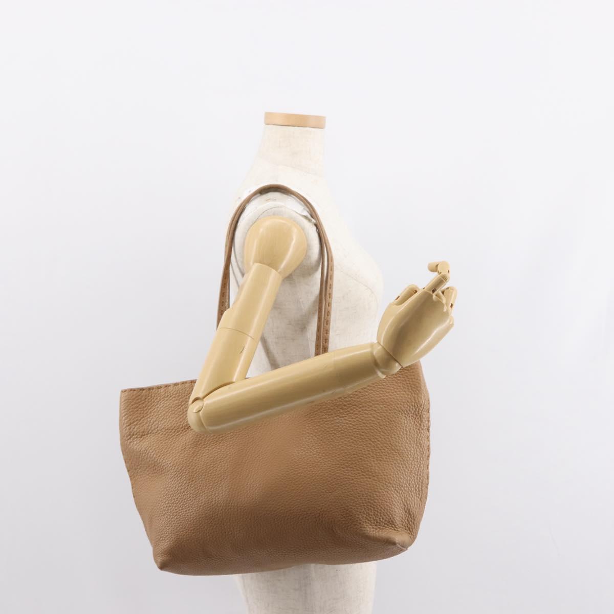 FENDI Celeria Tote Bag Leather Beige Silver Auth 150443