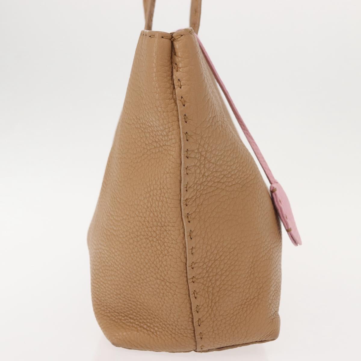 FENDI Celeria Tote Bag Leather Beige Silver Auth 150443