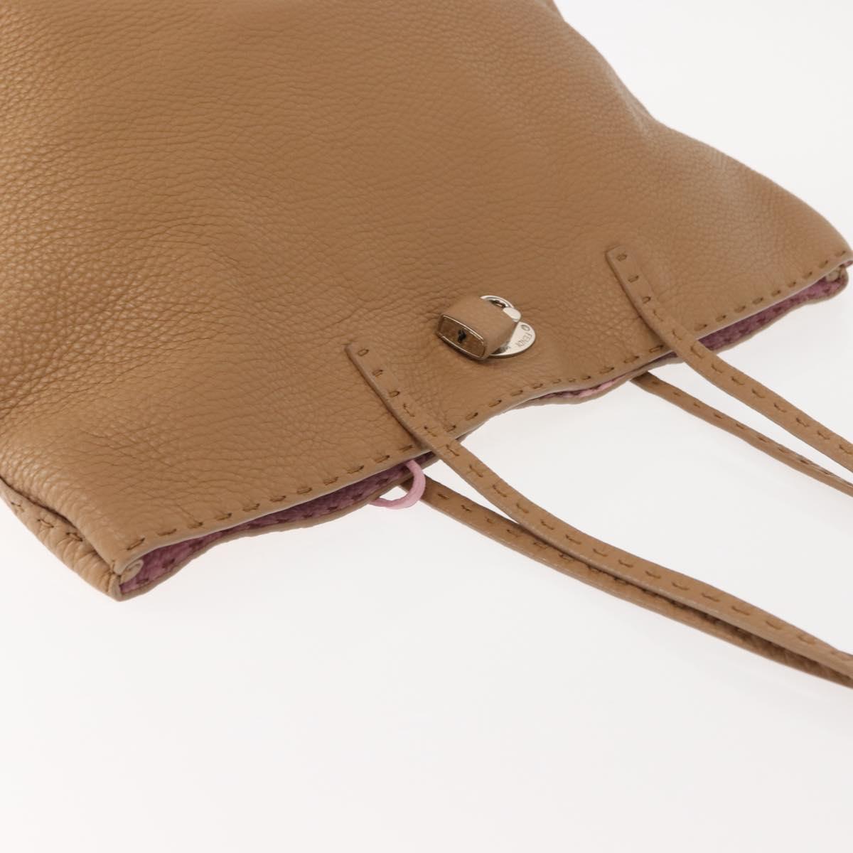 FENDI Celeria Tote Bag Leather Beige Silver Auth 150443