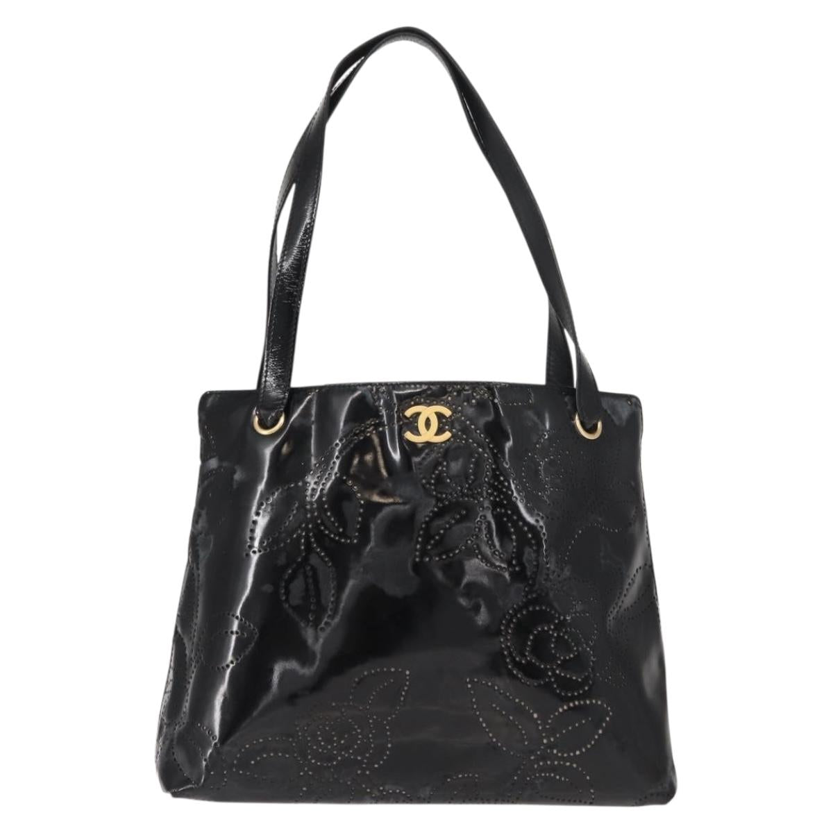 CHANEL Tote Bag Patent leather Black Gold CC Auth 150456