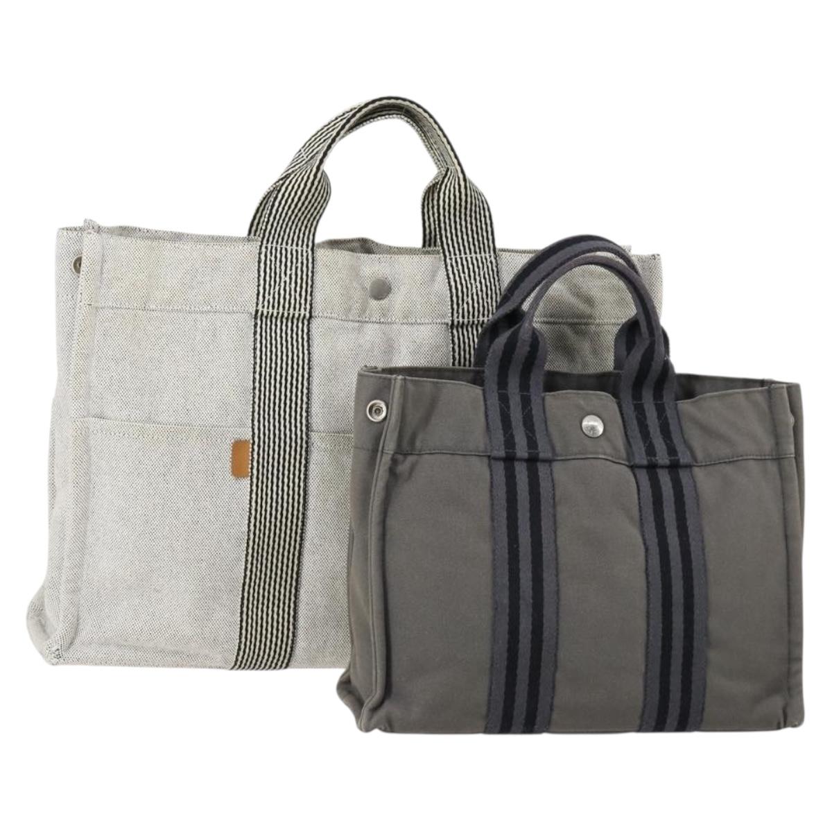 HERMES Fourre Tout Hand Bag Canvas 2 Set Gray Auth 150478