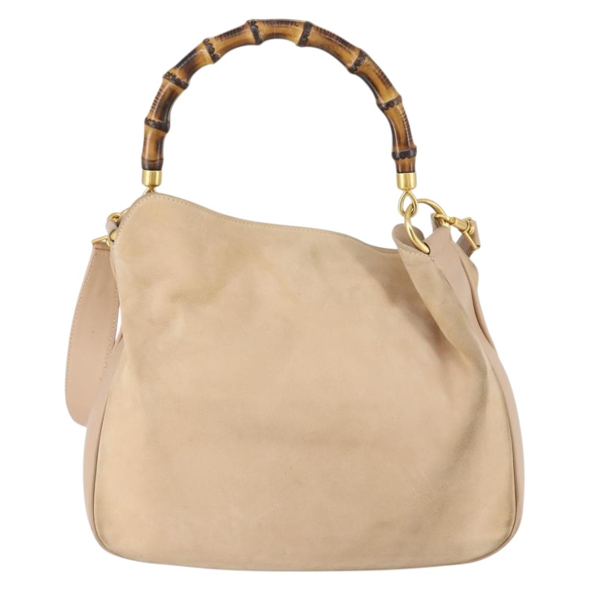 GUCCI Bamboo Hand Bag Leather 2way Beige Gold 001 1014 1638 Auth 150479