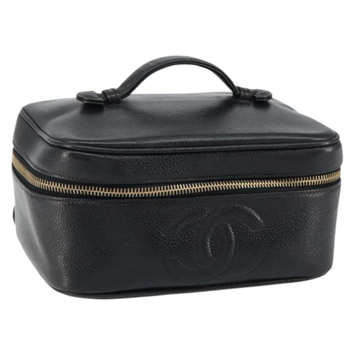 CHANEL Vanity Hand Bag Caviar Skin Black Gold CC Auth 150535
