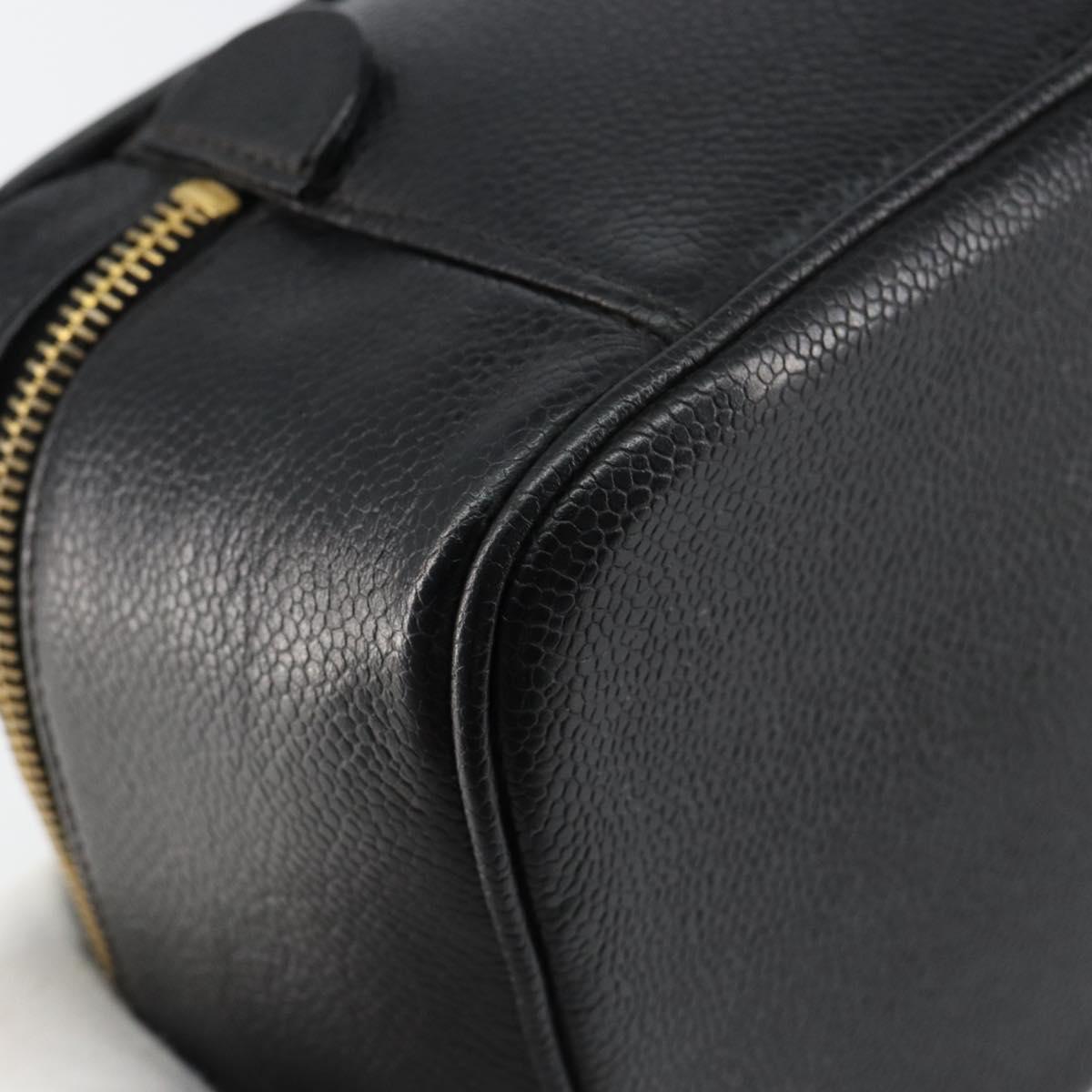 CHANEL Vanity Hand Bag Caviar Skin Black Gold CC Auth 150535