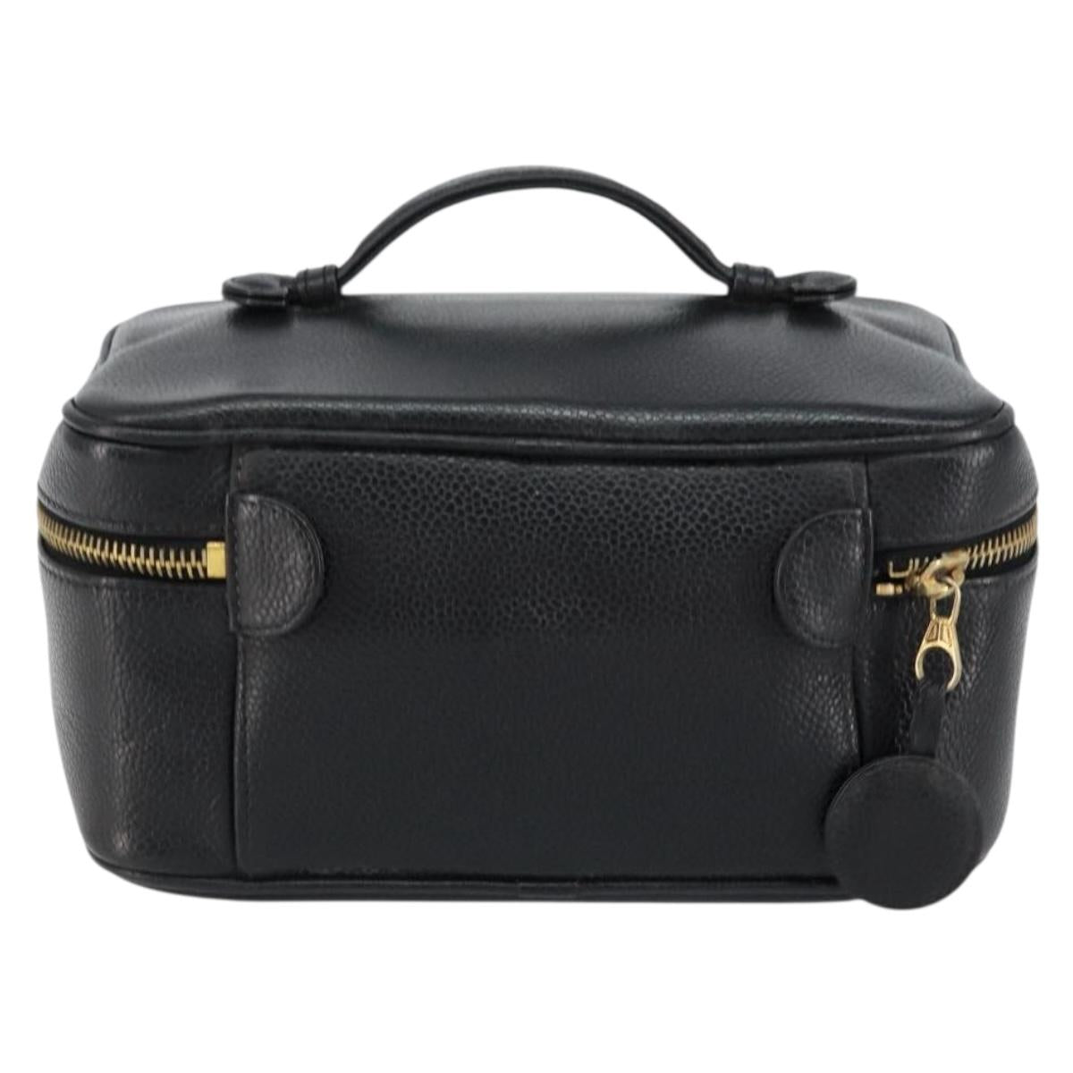 CHANEL Vanity Hand Bag Caviar Skin Black Gold CC Auth 150535