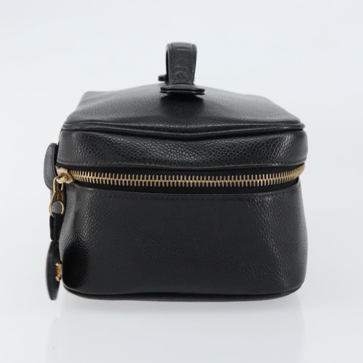 CHANEL Vanity Hand Bag Caviar Skin Black Gold CC Auth 150535