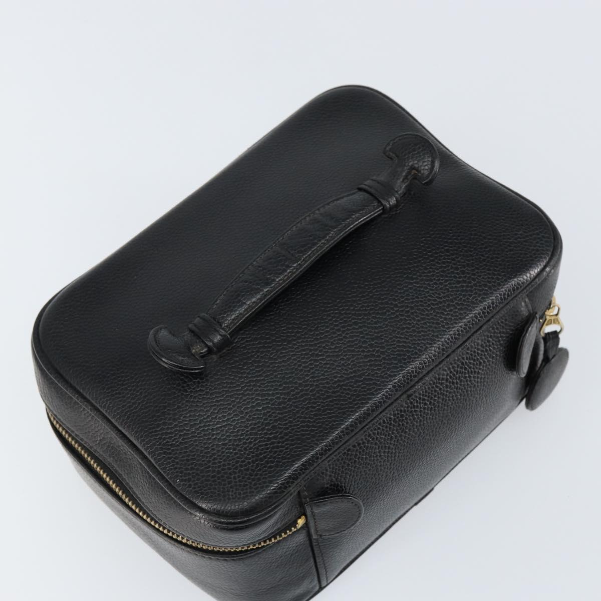 CHANEL Vanity Hand Bag Caviar Skin Black Gold CC Auth 150535