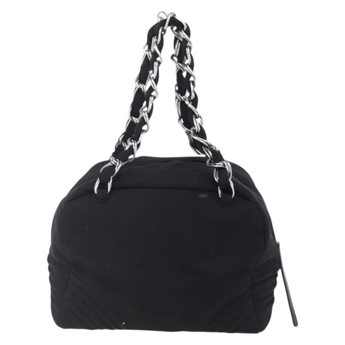 CHANEL COCO Mark Hand Bag Cotton Silver Black CC Auth 150550