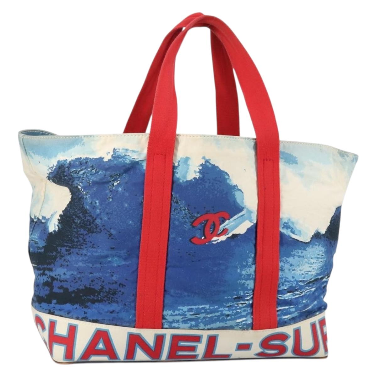 CHANEL Surfline Tote Bag Canvas Blue White CC Auth 150551