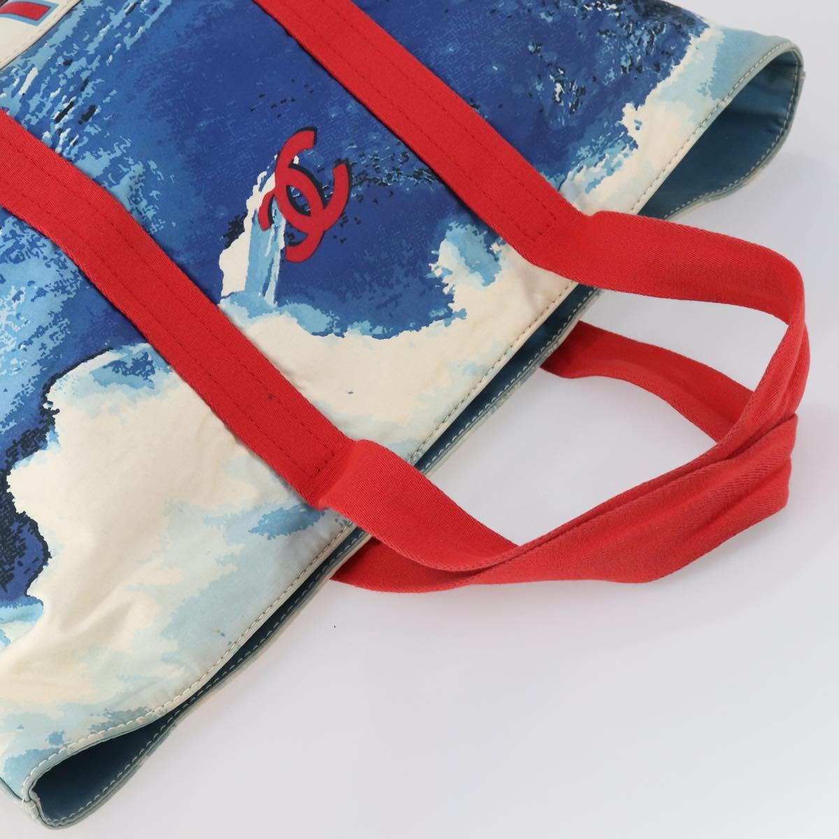 CHANEL Surfline Tote Bag Canvas Blue White CC Auth 150551