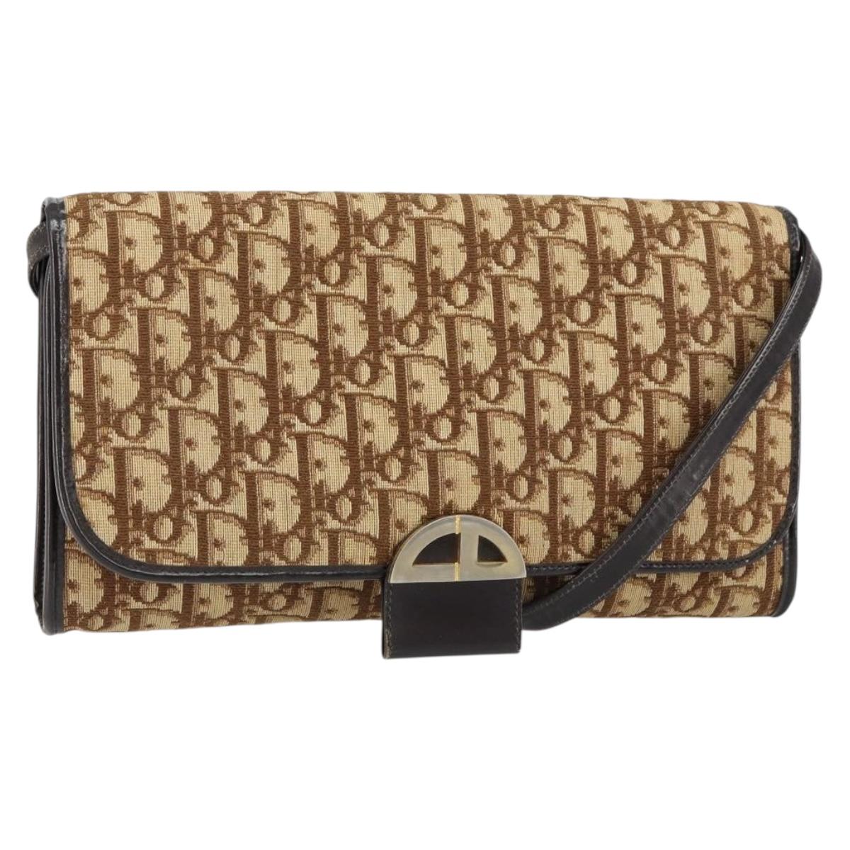 Christian Dior Trotter Canvas Shoulder Bag Beige Gold Auth 150566