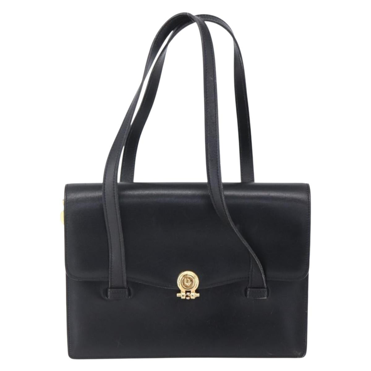 Christian Dior Hand Bag Leather Black Gold Auth 150570