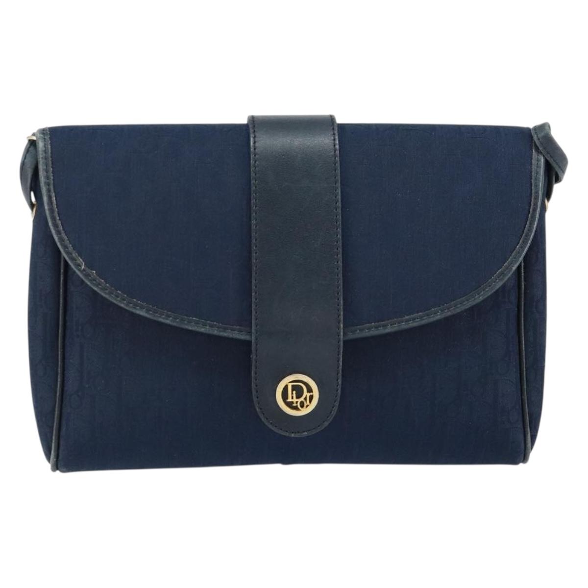 Christian Dior Trotter Canvas Shoulder Bag Navy Gold Auth 150571
