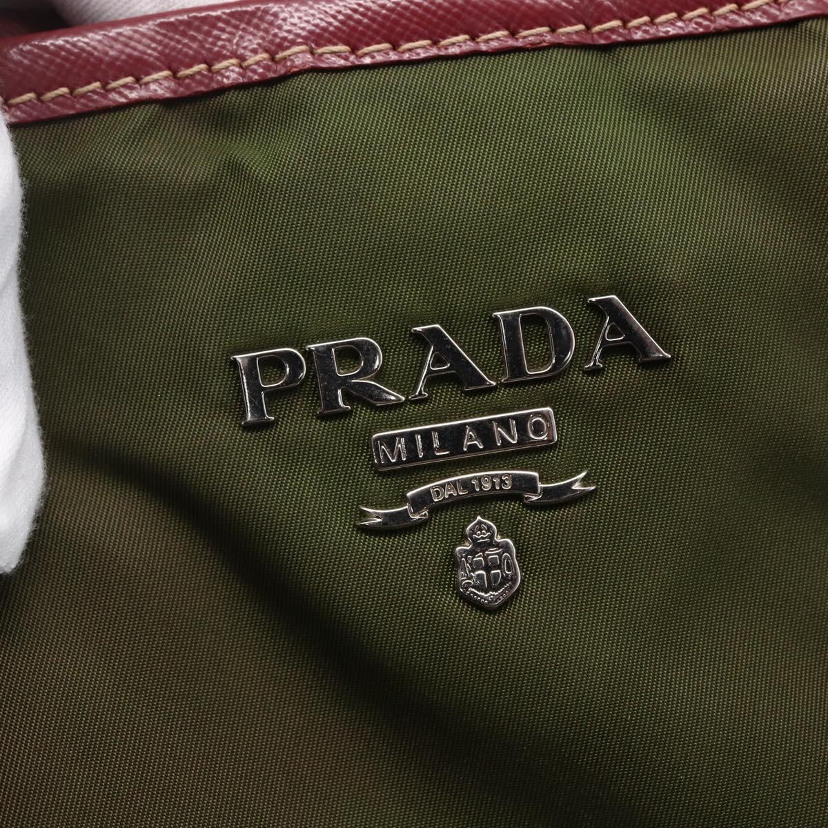 PRADA Tote Bag Nylon Khaki Silver Auth 150572
