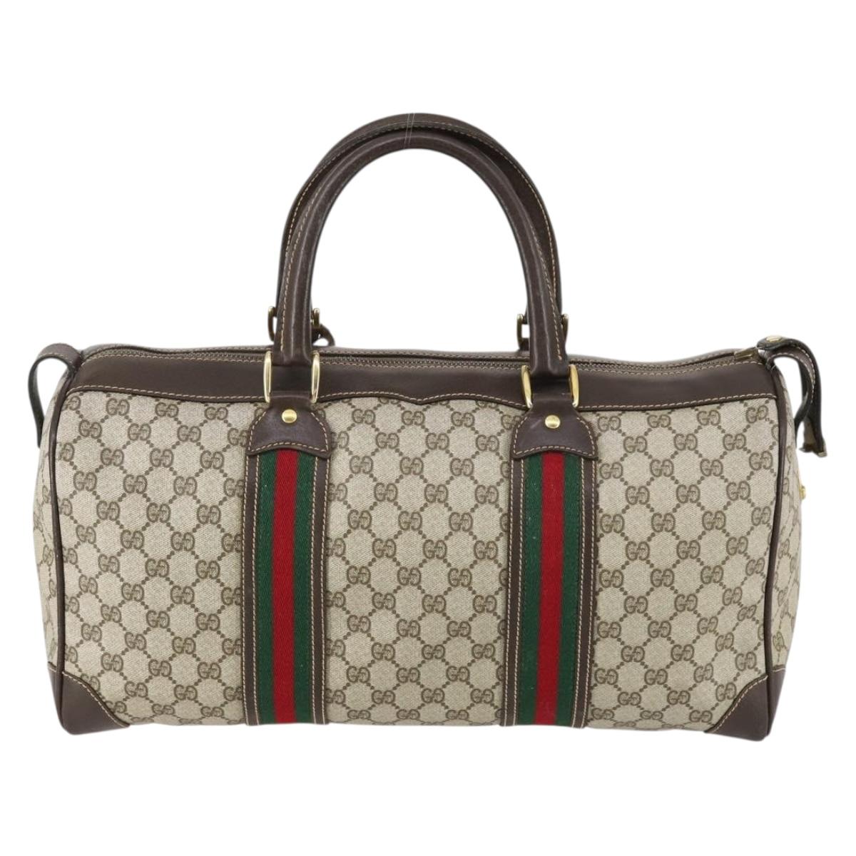 GUCCI GG Supreme Web Sherry Line Boston Bag PVC Beige Gold Auth 150574