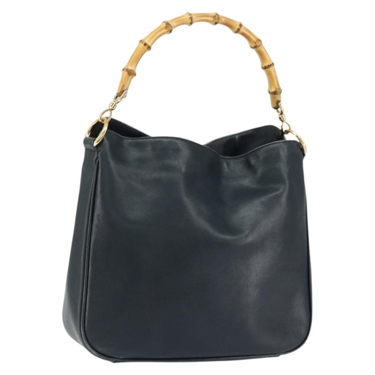 GUCCI Bamboo Hand Bag Leather Black Gold 001 3444 1638 Auth 150577
