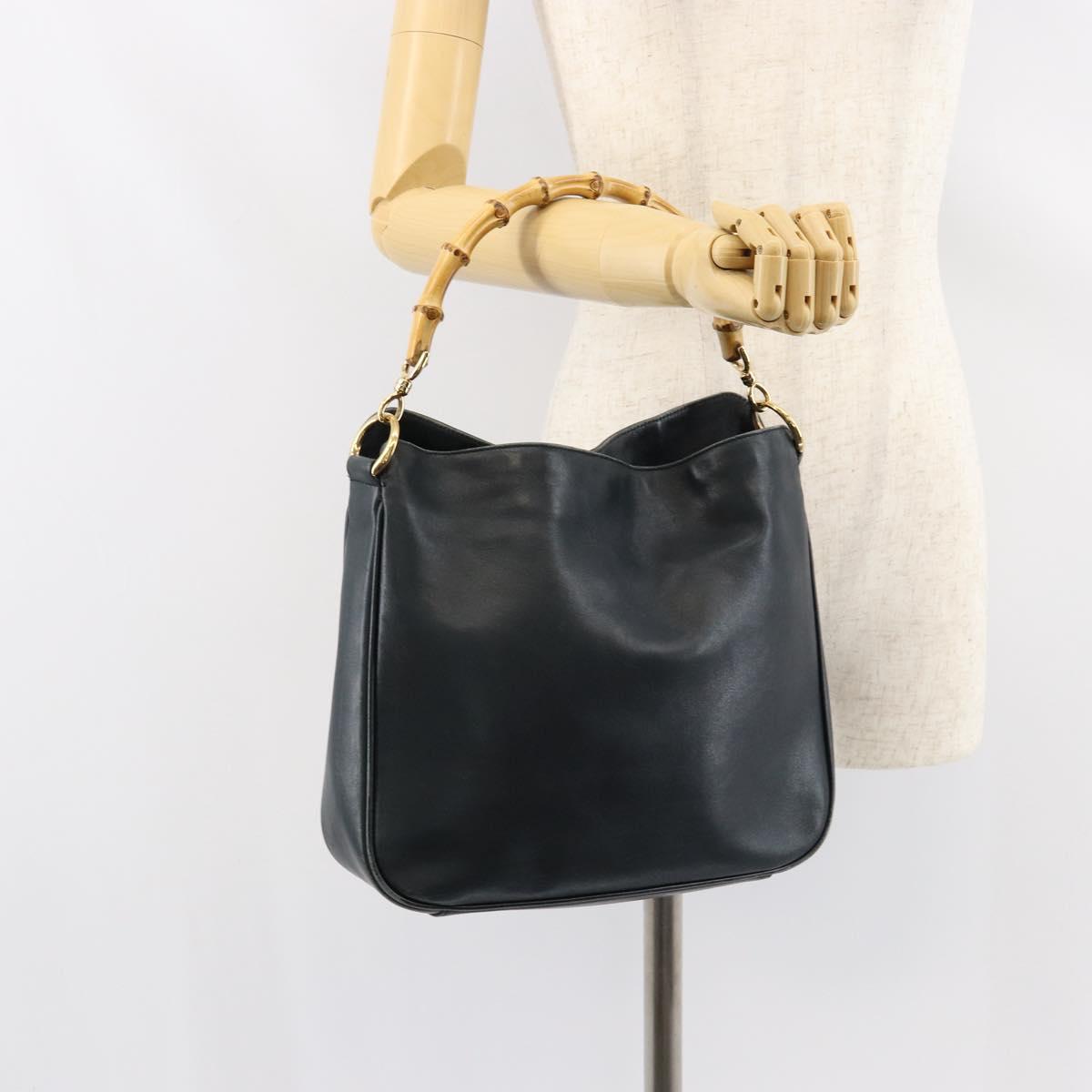 GUCCI Bamboo Hand Bag Leather Black Gold 001 3444 1638 Auth 150577