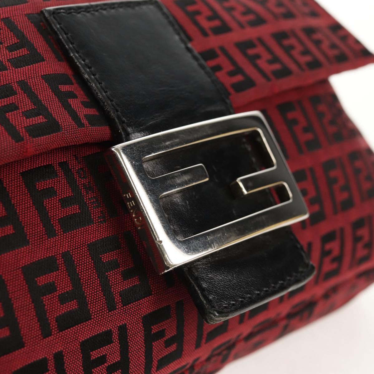 FENDI Zucchino Canvas Mamma Baguette Shoulder Bag Red Silver Auth 150613V