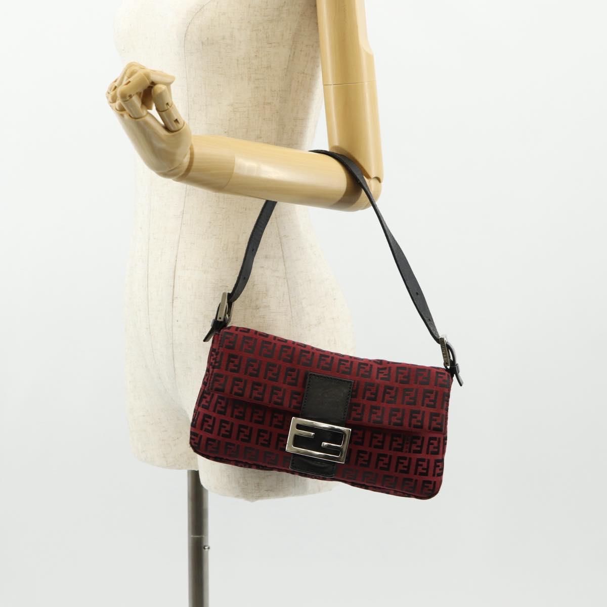 FENDI Zucchino Canvas Mamma Baguette Shoulder Bag Red Silver Auth 150613V