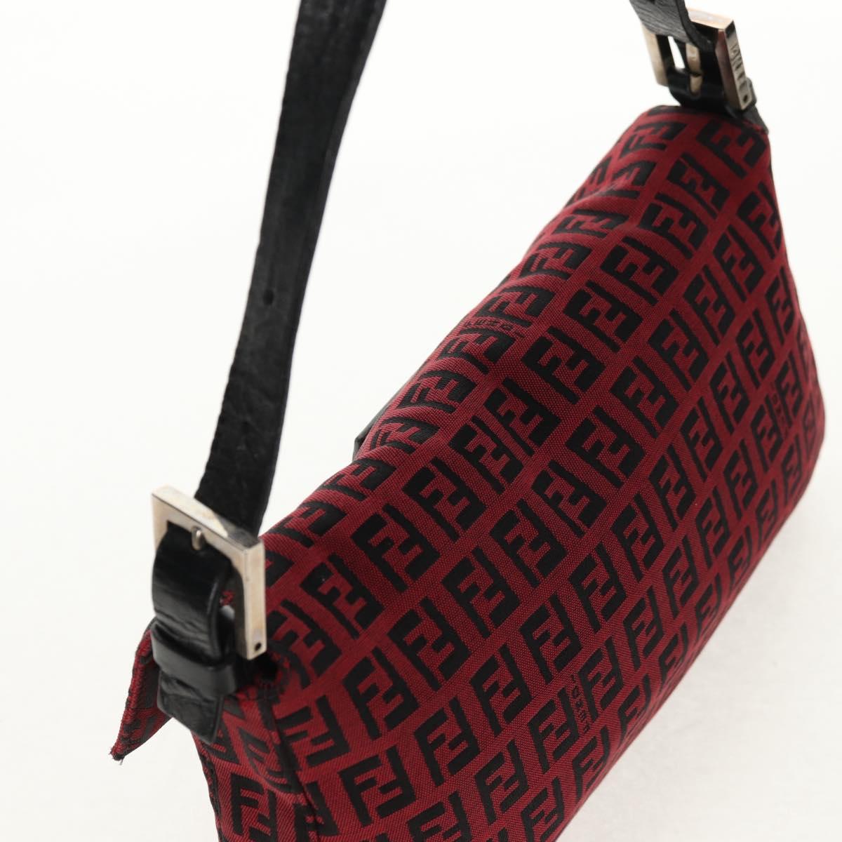 FENDI Zucchino Canvas Mamma Baguette Shoulder Bag Red Silver Auth 150613V