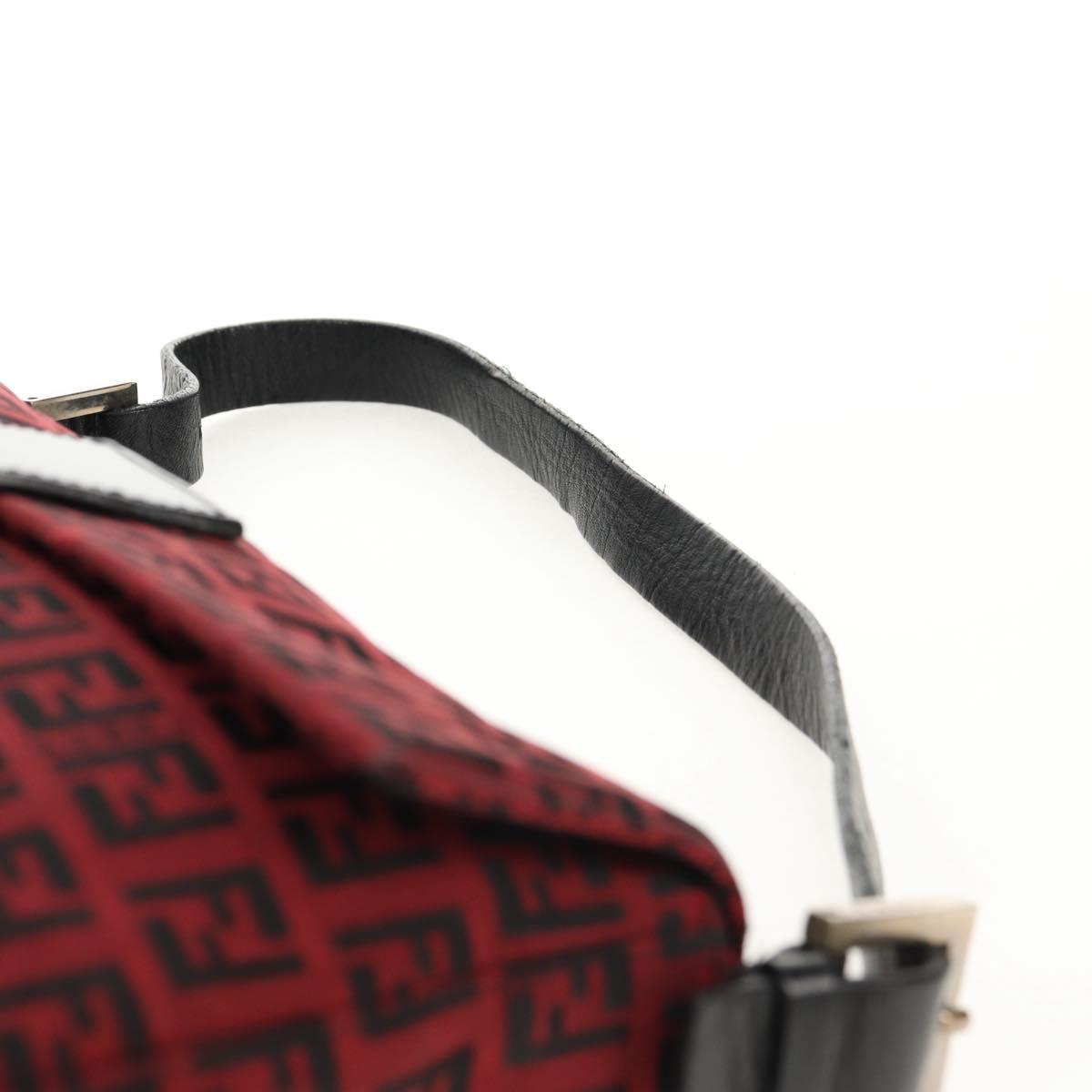 FENDI Zucchino Canvas Mamma Baguette Shoulder Bag Red Silver Auth 150613V