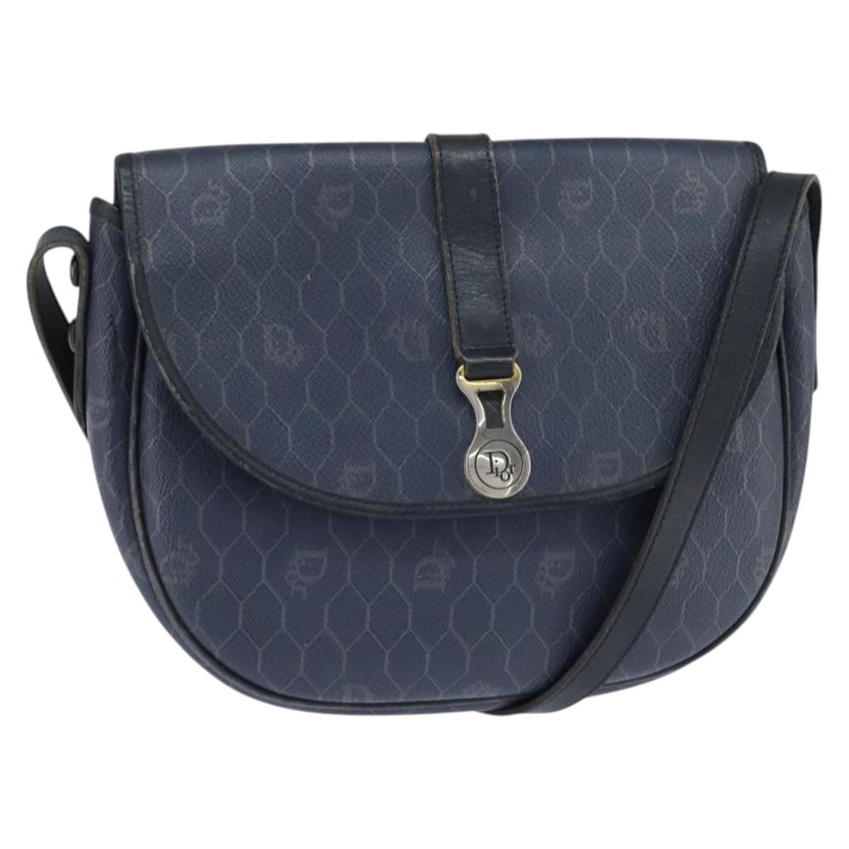 Christian Dior Honeycomb Canvas Shoulder Bag PVC Navy gold Auth 150747