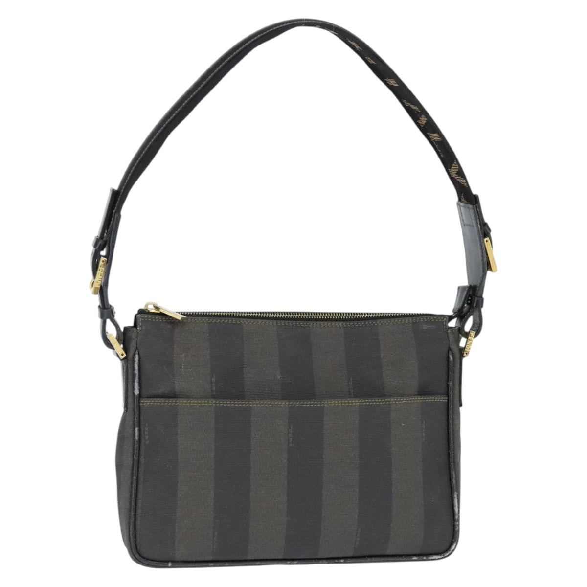 FENDI Pecan Canvas Shoulder Bag PVC Black Brown Auth 150756