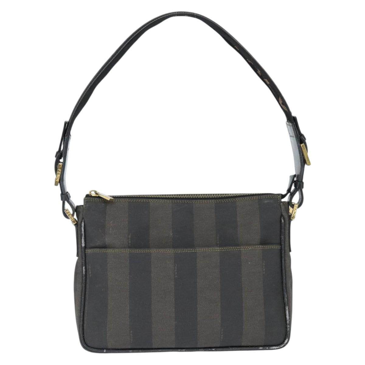 FENDI Pecan Canvas Shoulder Bag PVC Black Brown Auth 150756