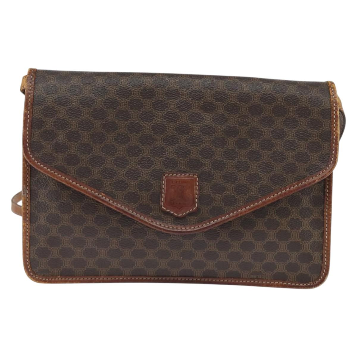 CELINE Macadam Canvas Shoulder Bag PVC Leather Brown Gold Auth 150768