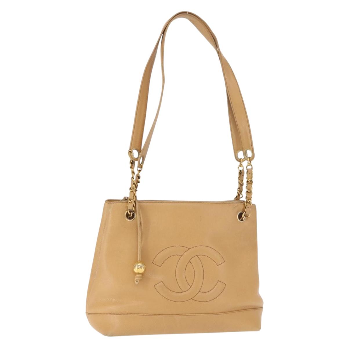 CHANEL Chain Shoulder Bag Caviar Skin Beige Gold CC Auth 150773