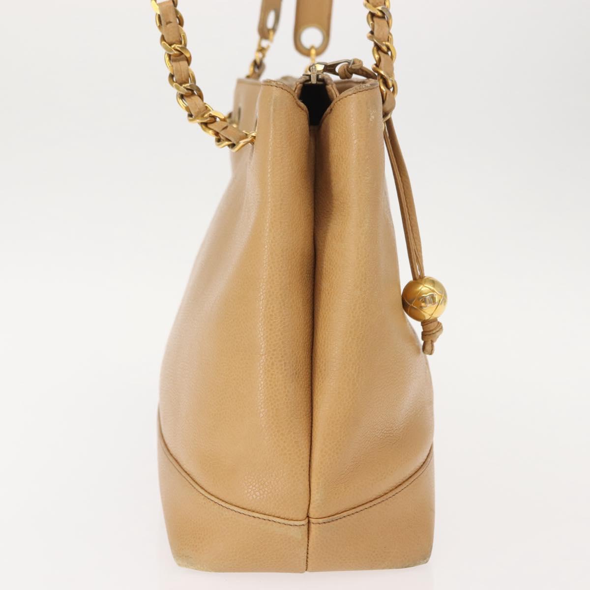 CHANEL Chain Shoulder Bag Caviar Skin Beige Gold CC Auth 150773