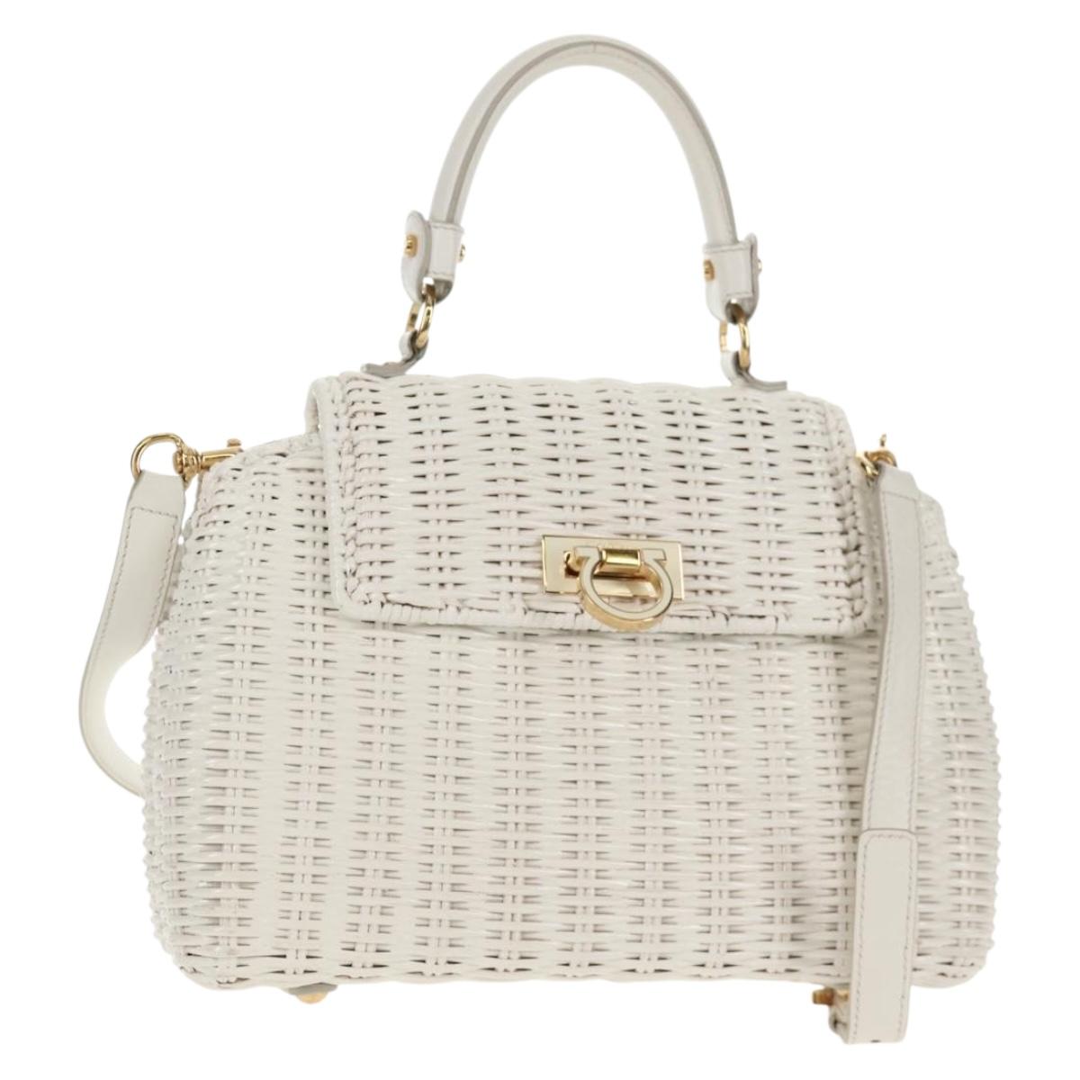 Salvatore Ferragamo Gancini Hand Bag Rattan 2way White Gold Auth 150815V