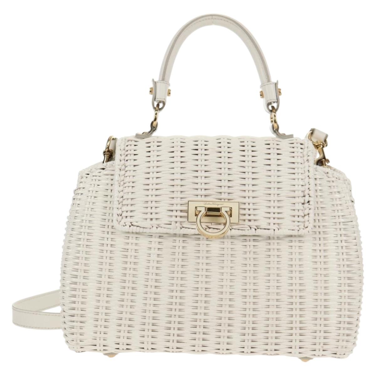 Salvatore Ferragamo Gancini Hand Bag Rattan 2way White Gold Auth 150815AV